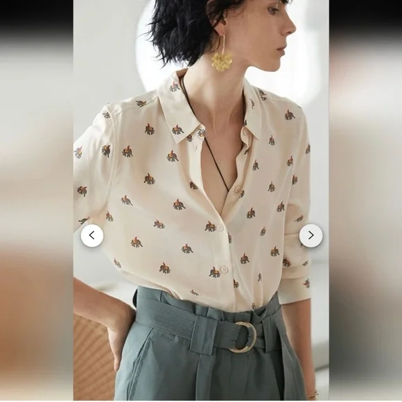 EQUIPMENT Silk Blouse Elephant India Novelty SMALL Beige - Picture 14 of 16